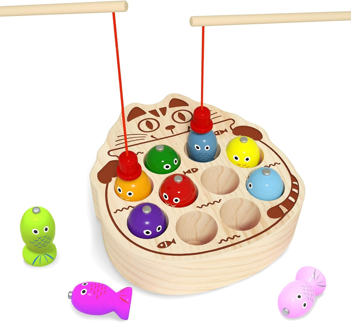 Wooden Magnetic Fishing Game for Toddlers 1-3, Montessori Sensory Busy Board Fine Motor Skills Toys for 1 2 3 Years Old Boys Girls (Frog B-Fish Game)