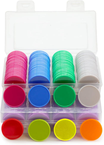 Set of 100 Opaque Plastic Learning Counters Mini Poker Chips Game Tokens with Storage Box (Black+White+Blue+Purple, 1 Inch)