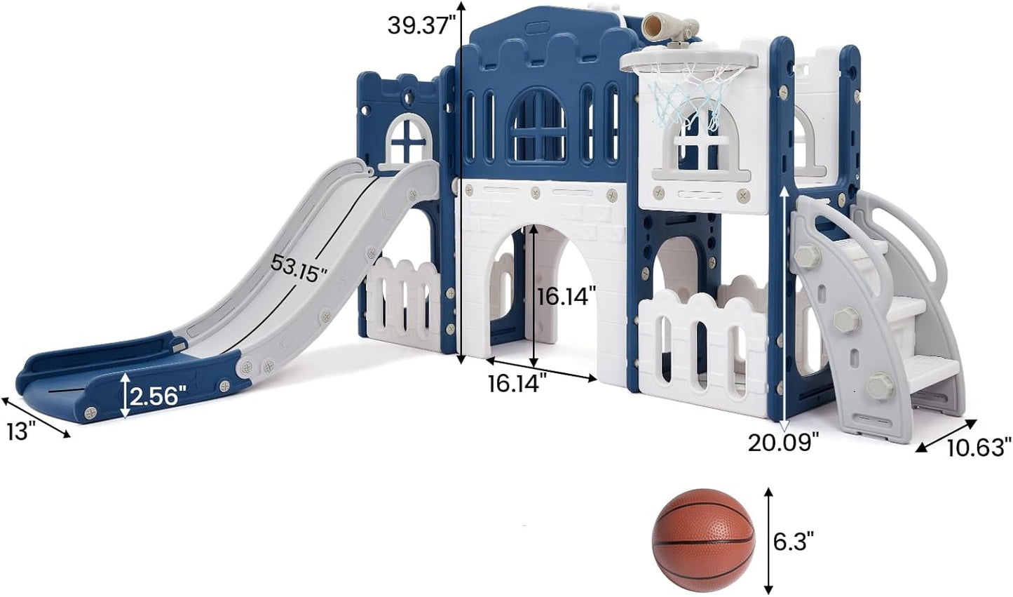 GarveeHome 8 in 1 Toddler Slide, Toddler Outdoor Playset with Slide, Climber, Tunnel, Basketball Hoop, Toy Storage and Telescope for Toddlers Age 1-3, Blue