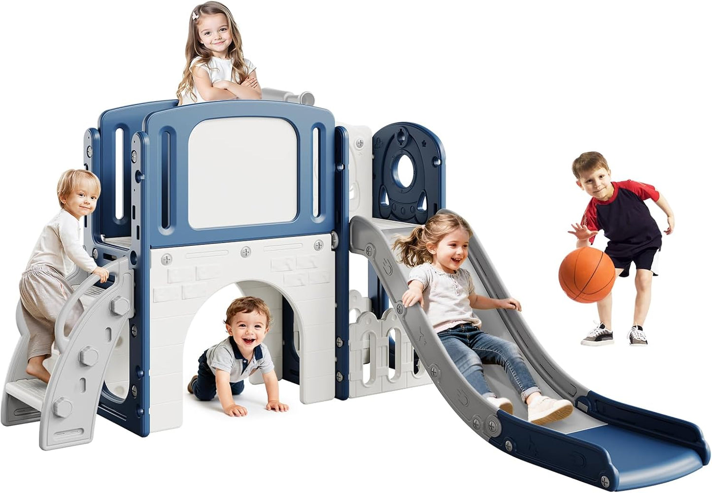 GarveeLife Toddler Slide 8 in 1 Indoor Playground Outdoor Playset Kids Baby Slides for Toddlers Age 1-3 with Climber Basketball Hoop Telescope Drawing Board and Storage Space for Courtyards