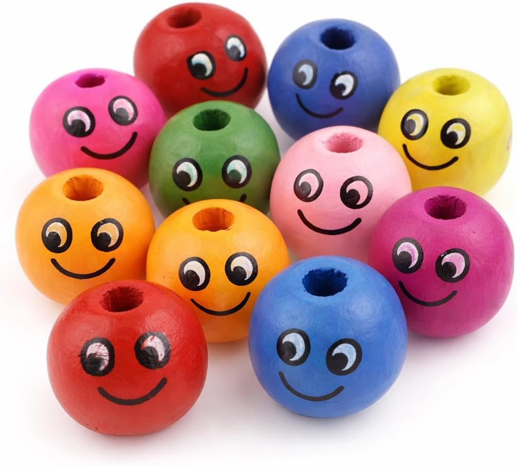 Perlin Wooden Beads with Smiley Face 60 Pieces Threading Beads Made of Wood Colourful 3mm Hole Bead for Craft Making Decorations and DIY Crafts