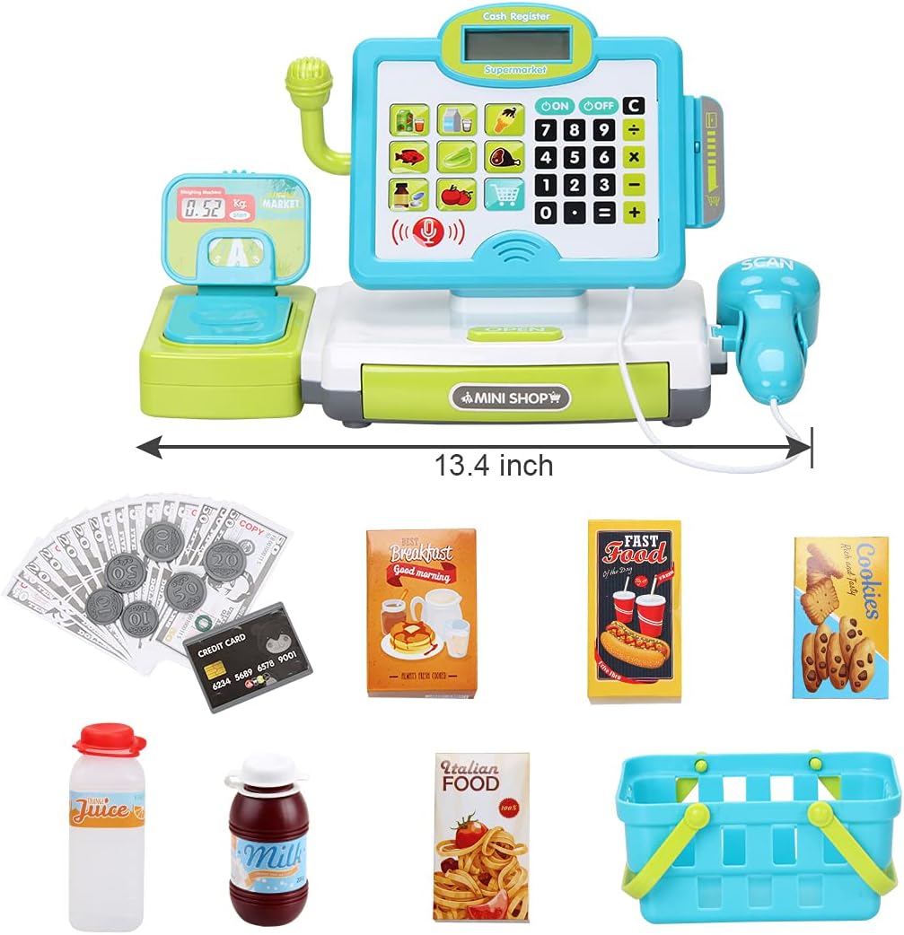 FS Pretend Play Cash Register Toy with True Barcode Scanner & Calculator, Microphone, Play Food, Supermarket Cashier, Great Pre-School Gift Cash Register for Kids Boys & Girls, Ages 3 4 5 6 8