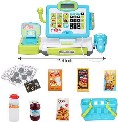 FS Pretend Play Cash Register Toy with True Barcode Scanner & Calculator, Microphone, Play Food, Supermarket Cashier, Great Pre-School Gift Cash Register for Kids Boys & Girls, Ages 3 4 5 6 8