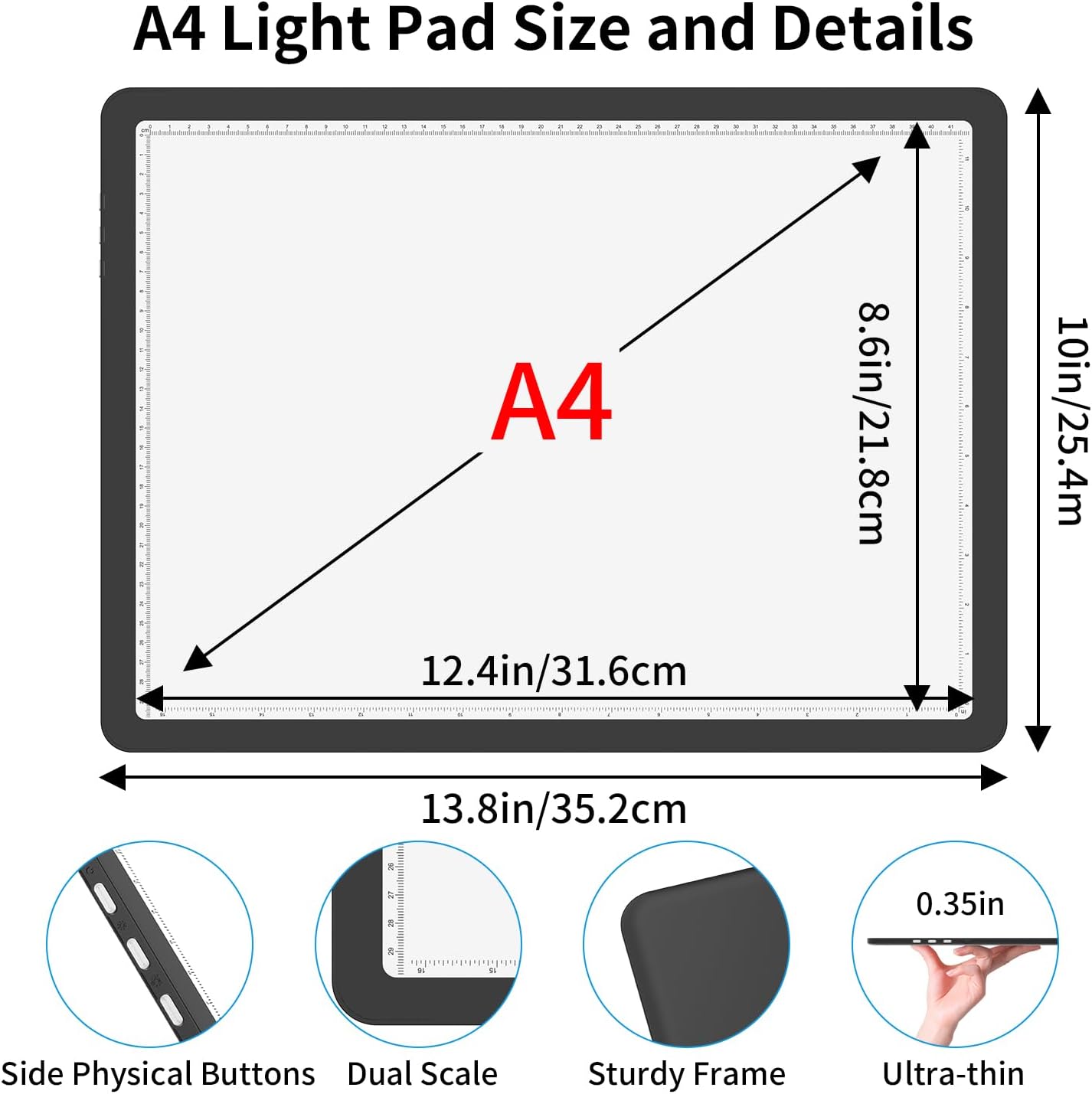 Rechargeable A3 Light Board for Diamond Painting, 5600 Lux Tracing Light Box with Side Physical Buttons, 3 Colors and 6 Levels of Brightness, LED Light Pad for Diamond Art, Drawing, Weeding Vinyl