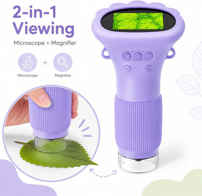 Kids Microscope Digital Camera, 1000X Handheld Camera Microscope for Kids with 2'' Screen, Educational Magnifying Glass Toy Christmas Birthday Gifts for Age 3 4 5 6 7 8 9 10 11 12 Girls Boys - Purple