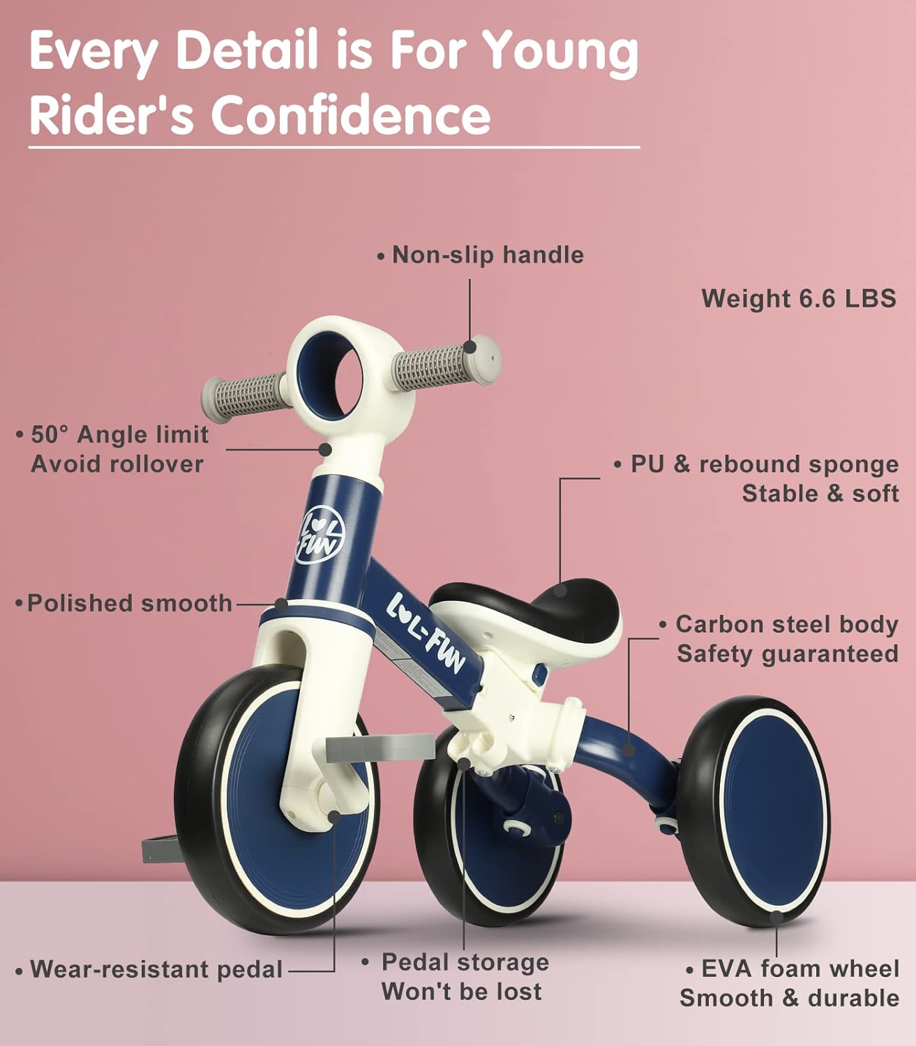 LOL-FUN Tricycle for Toddlers 1-3 Years Old Boys Girls Toy, 4 in 1 Baby Balance Bike for 1 2 Year Old Gift, Kids Bicycle with Easy Assembly Removable Pedal