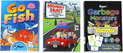 Regal Games - Go Fish, Garbage Monsters, Highway Hunt Card Games Set - Family-Friendly, Fun Card Games - Search & Find, Matching, Counting - Ages 3+ - Includes Game Cards & Instructions - 3 Pack
