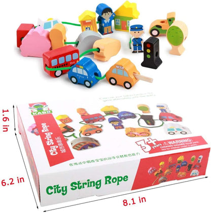 Lacing Farm Toy Wooden Block Set, Early Educational Toys String & Lacing Beads Games for Toddlers Kids Farm Animal Learning Play Set (16 Pieces)