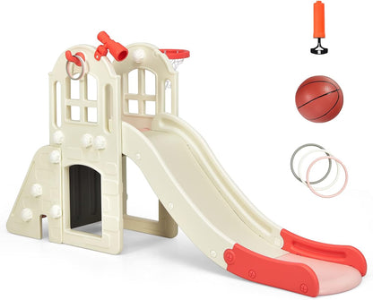 BABY JOY Toddler Slide, 6-in-1 Indoor Kids Slide Playset with Basketball Hoop, Telescope, Climbing Ladder & Storage Space, Freestanding Playhouse & Climber for Kids Aged 1-3 (Pink)