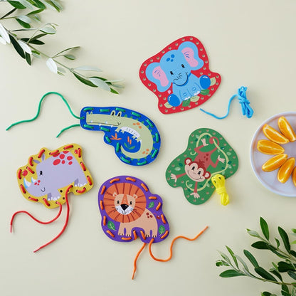 Serabeena Lacing Cards for Kids Ages 3-5 - Safari Animal Sewing Cards | Screen-Free Toddler Lace-Up Toy & Activity with 5 Laces & Storage Box for Hand-Eye Coordination and Fine Motor Skills