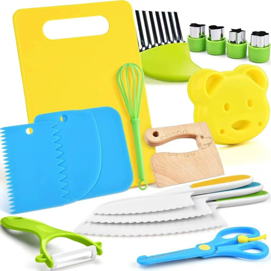 17 Pcs Kids Cooking Sets Real, Montessori Toddler Kitchen Tools, Kids Safe Knives for Ages 2-8