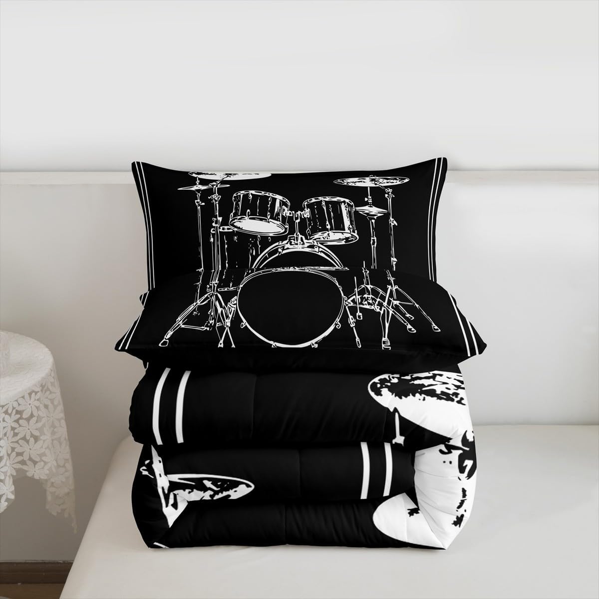Erosebridal Drum Kit 3D Print Kids Comforter Sets Rock Music Themed Full Bedding Set for Boys Girls Musical Pattern Comforter Set,Colorful Retro Style Quilt Duvet 3 Pcs