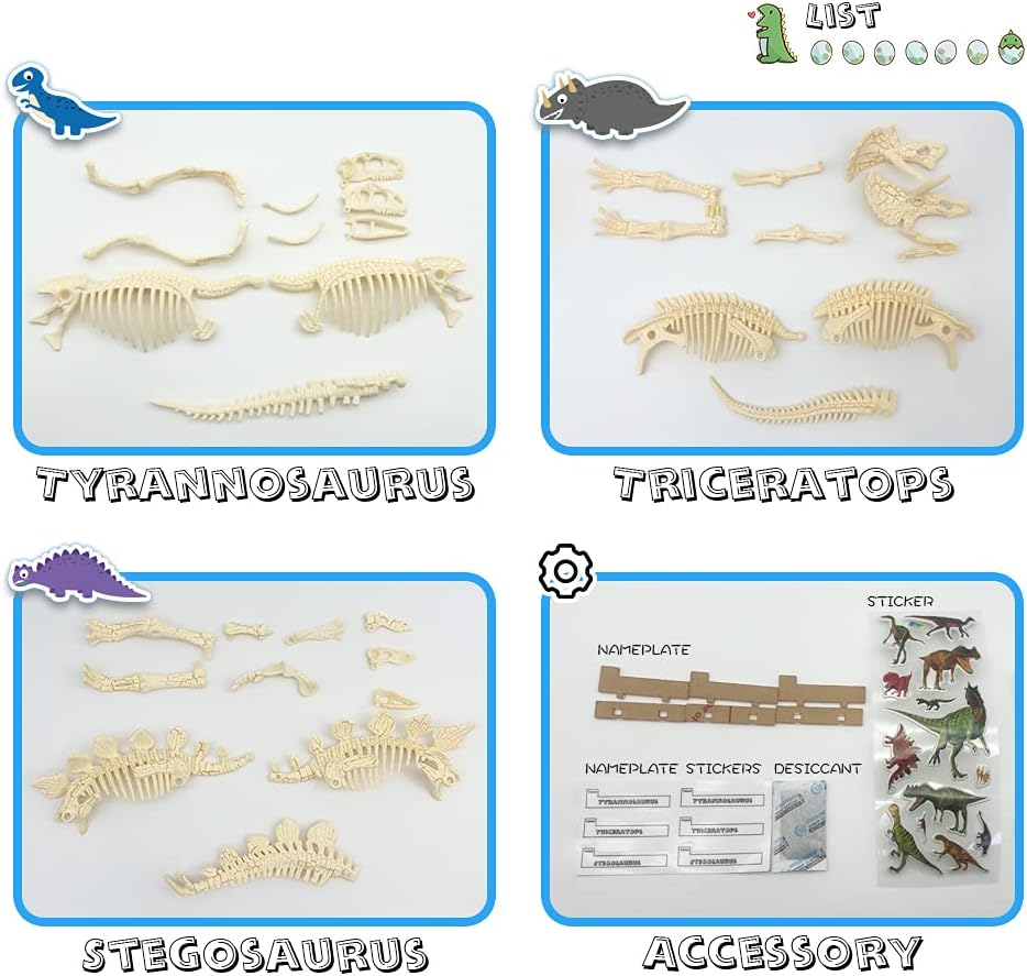 YODAR 3 Pcs Dinosaur Fossil Skeleton DIY Toys 8.7 Inch Educational Puzzles Model Set for Kids Over 8 Years Old
