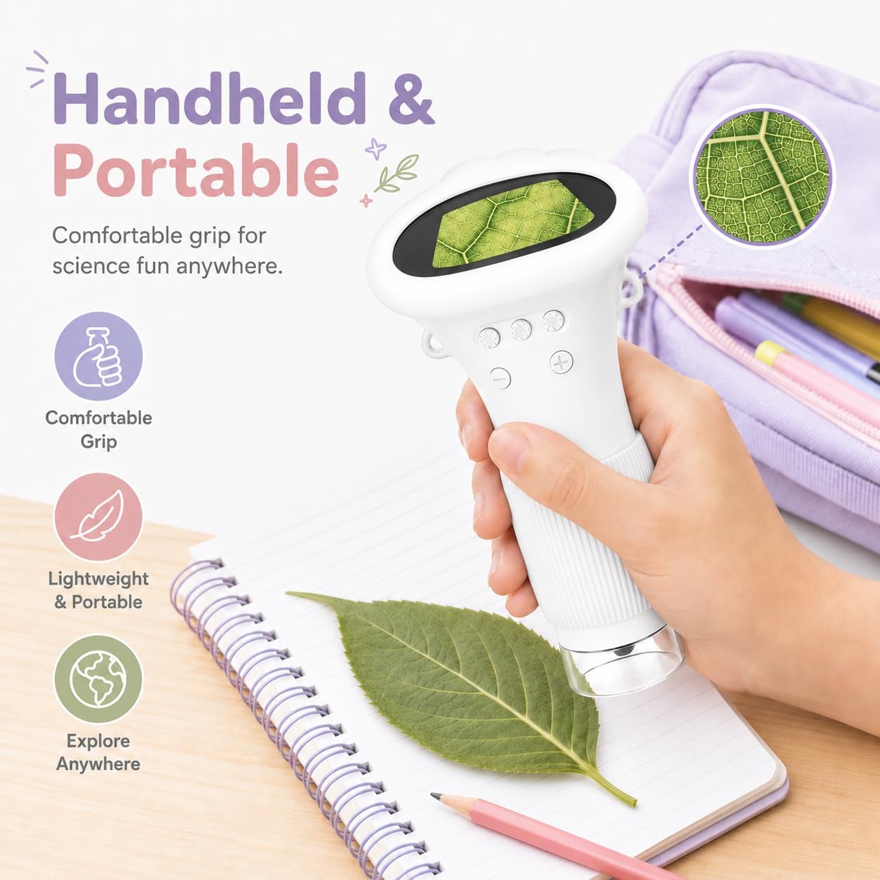 Kids Microscope Digital Camera, 1000X Handheld Camera Microscope for Kids with 2'' Screen, Educational Magnifying Glass Toy Christmas Birthday Gifts for Age 3 4 5 6 7 8 9 10 11 12 Girls Boys - Purple