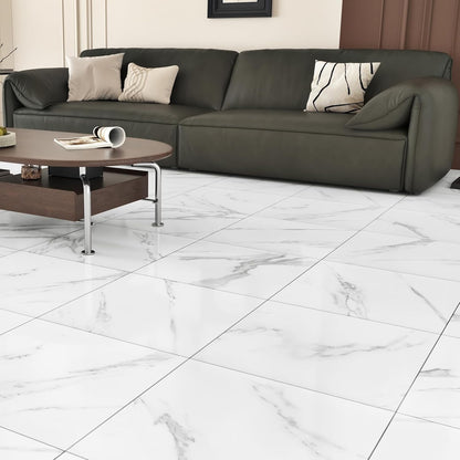 Wallercity White Marble Peel and Stick Vinyl Floor Tiles 6-Pack 12x12 Inches Self Adhesive Waterproof Flooring Planks for Bathroom Kitchen Bedrooms Stick on Floor Tiles Laminate Sheets Vinyl Flooring