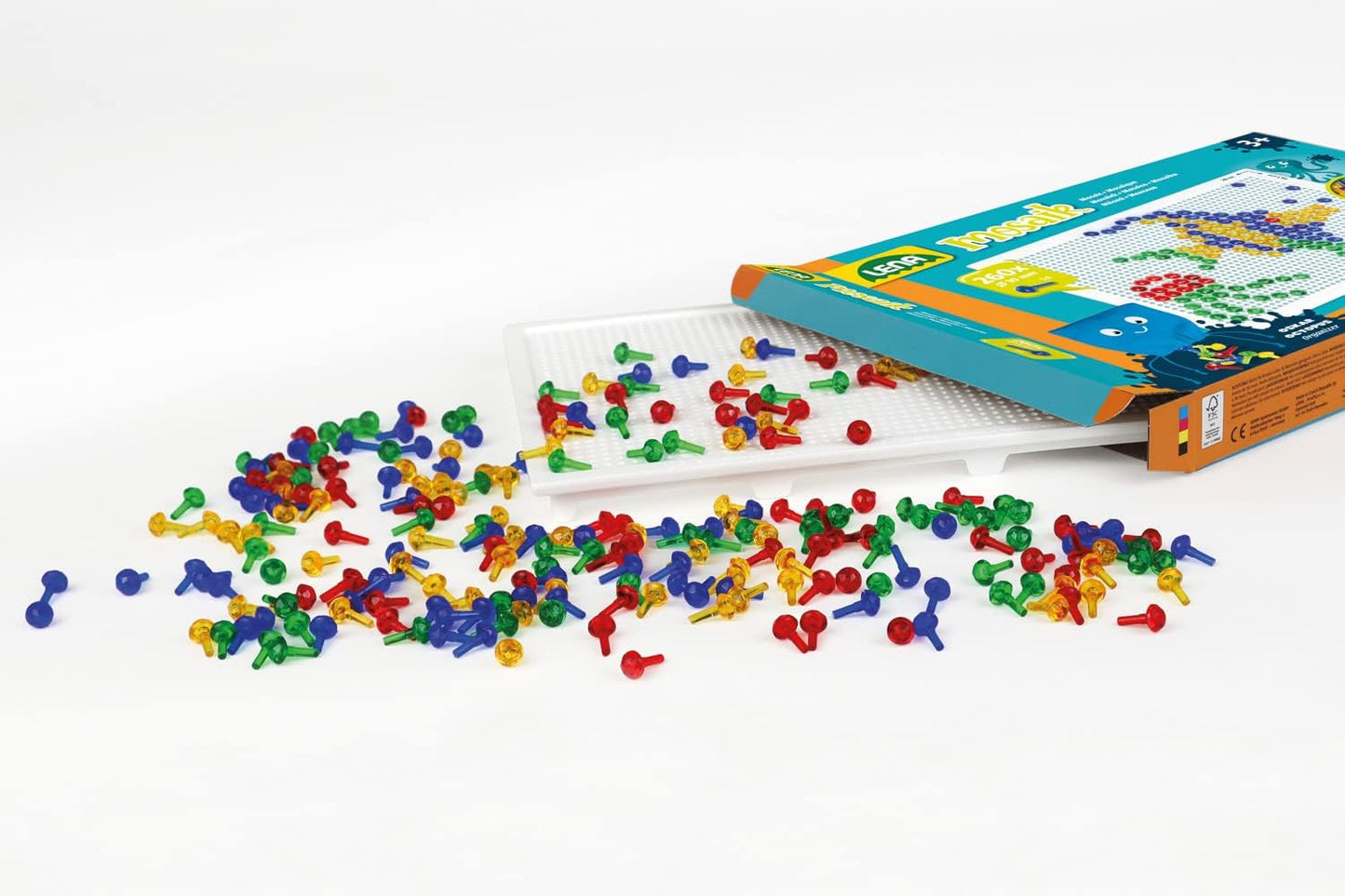 Lena 35626 Mosaic Plug-In Game Set, Mosaic with 260 Transparent Plugs, Mosaic Plug Diameter 10 mm, Mosaic Game for Children from 3 Years, Complete Set with Pegboard Approx. 28 x 19.5 cm and Organiser,