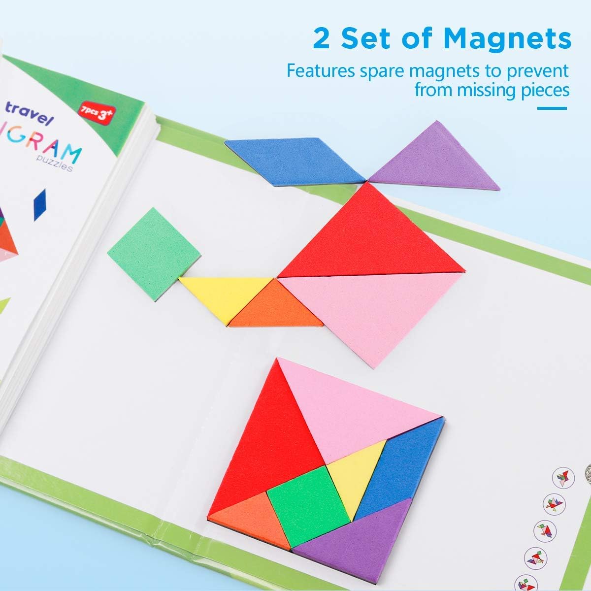 Vanmor Travel Tangram Puzzle - 3 Sets of Magnetic Tangram with 240 Solution - Montessori Shape Pattern Blocks Jigsaw Road Trip Games IQ Book Educational Toy Brain Teaser Gift for Kids Adults Challenge