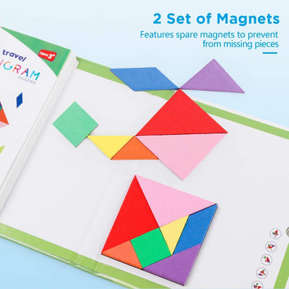 Vanmor Travel Tangram Puzzle - 3 Sets of Magnetic Tangram with 240 Solution - Montessori Shape Pattern Blocks Jigsaw Road Trip Games IQ Book Educational Toy Brain Teaser Gift for Kids Adults Challenge
