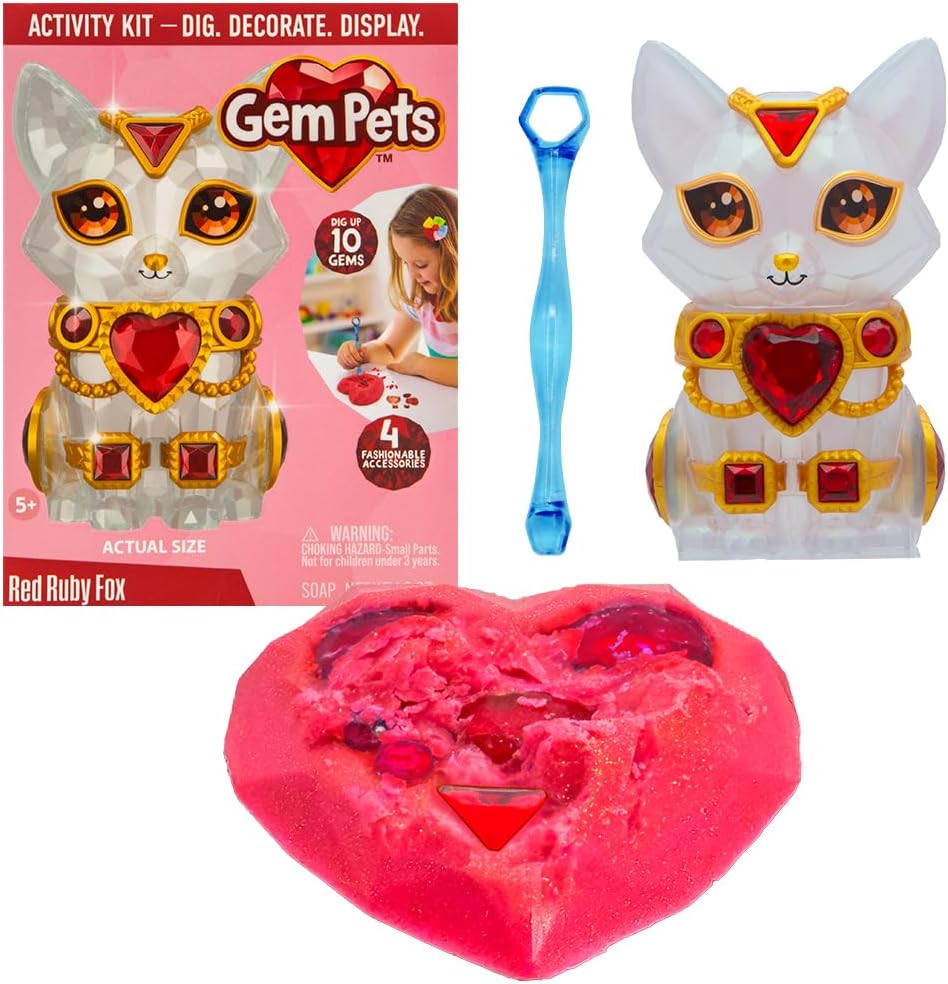 Gem Pets Purple Diamond Bunny Treasure Dig Kit with Lilac-Scented Soap, Includes 10 Gems, 4 Accessories & Digging Tool to Decorate Pet, Mess-Free Excavation Activity for Kids, Pink Doll & Purple Gems