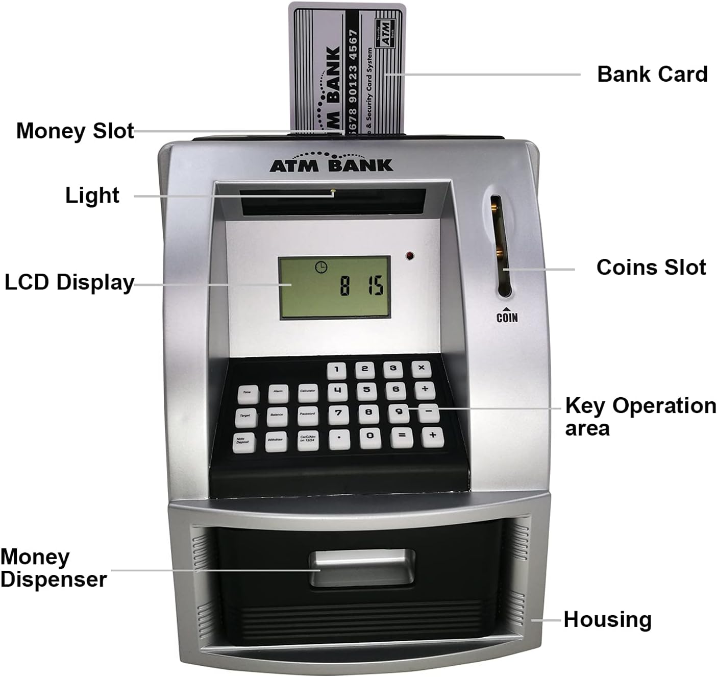 Electronic Piggy Bank with Password for Kids for 6-12 Year Old Boys and Girls - Toy Counting Money Bank - Fun Birthday Present - ATM Piggy Bank for Real Money (Black/Silver)