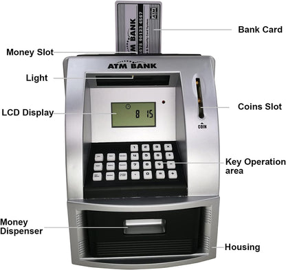 Electronic Piggy Bank with Password for Kids for 6-12 Year Old Boys and Girls - Toy Counting Money Bank - Fun Birthday Present - ATM Piggy Bank for Real Money (Black/Silver)