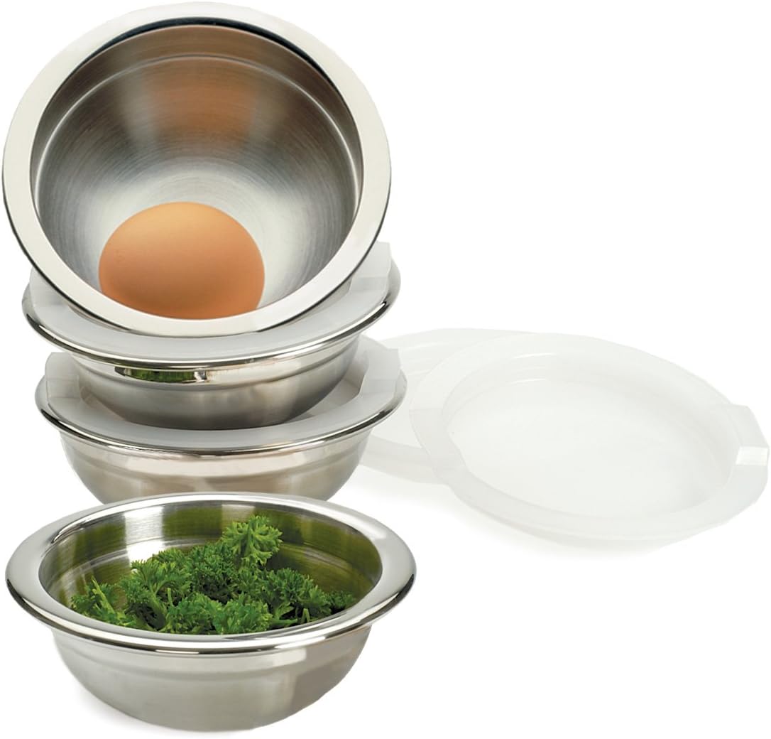 RSVP International Kitchen Prep Bowl Collection, Stainless Steel, Dishwasher Safe, Cup & Lid, 4 Piece, 3-ounce