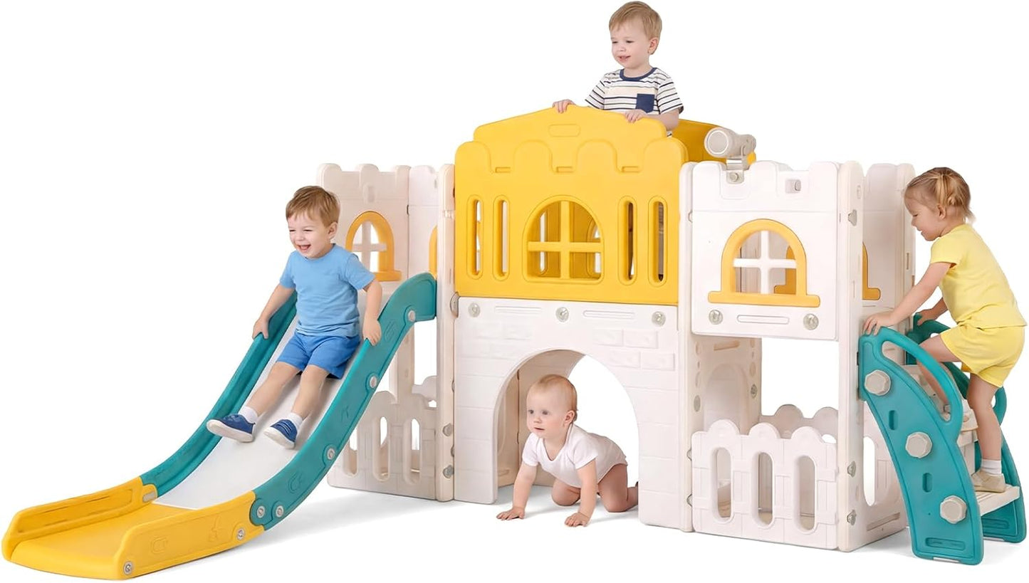 OLAKIDS Toddler Slide and Swing Set, 7 in 1 Kids Indoor Outdoor Playground with Climber Basketball Hoop Telescope Toy Storage for Boys Girls Aged 1+ (Grey)