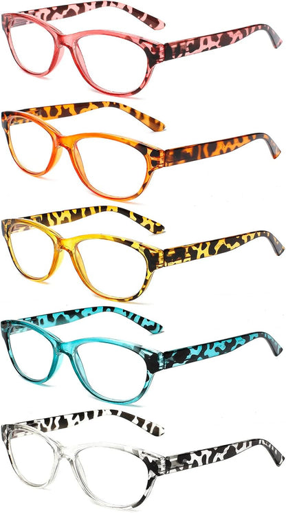 SIGVAN Ladies Cat Eye Reading Glasses 5 Pairs Blue Light Blocking Spring Hinge Fashion Pattern Print Readers for Women