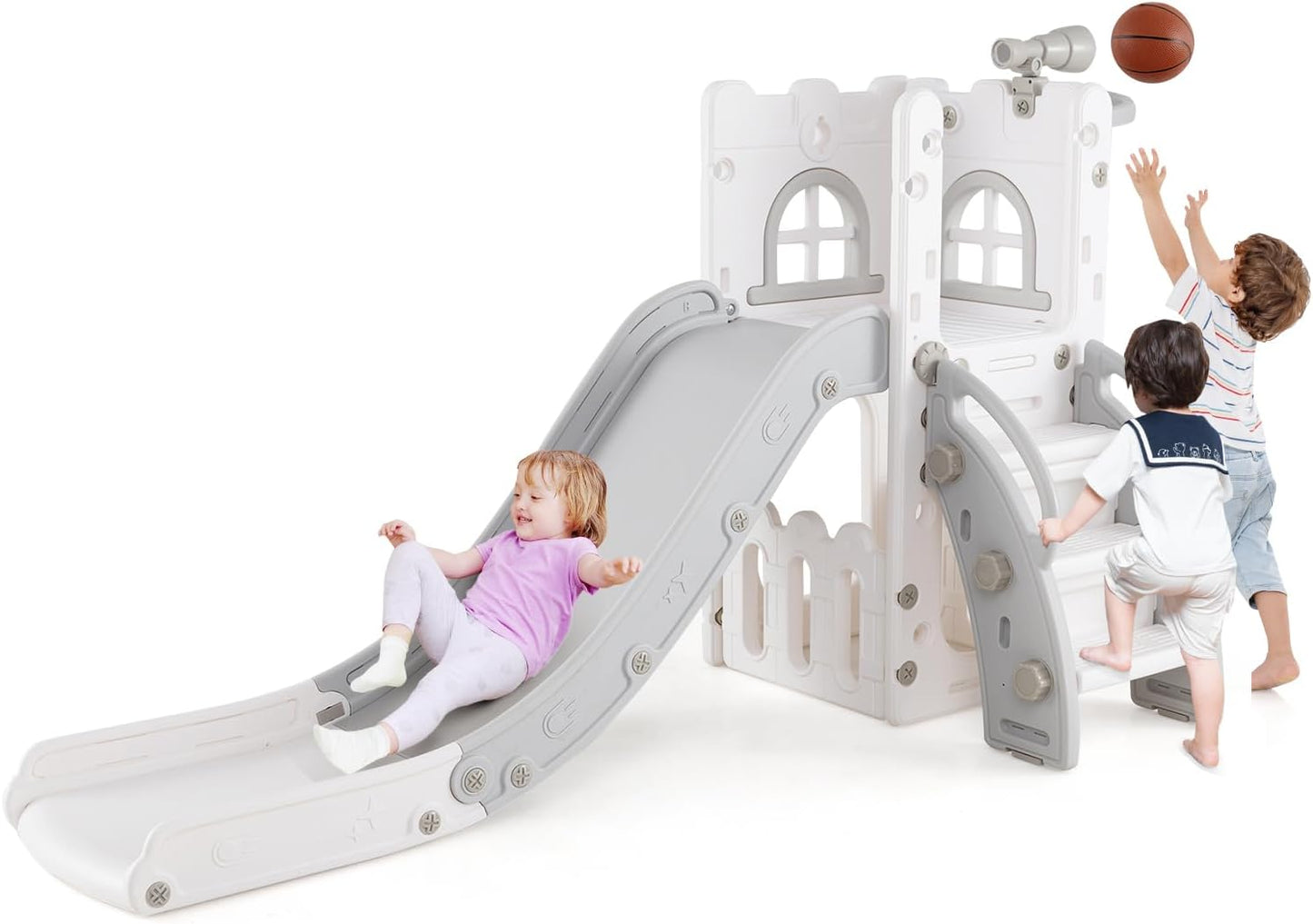 HONEY JOY Toddler Slide, 6 in 1 Freestanding Slide for Kids, Indoor Outdoor Castle Climber Playset Gym w/Basketball Hoop, Ball, Telescope, Storage, Playground Baby Slide for Boys Girls (Blue)