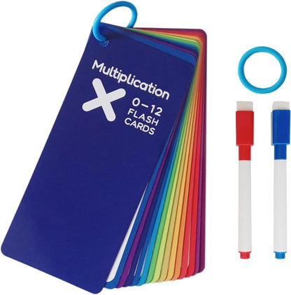 15-Piece Multiplication Flash Cards (0-12) with 2 Erasable Pens (Blue/Red) & 2 Binder Rings - Times Table Learning Set for Classroom or Home