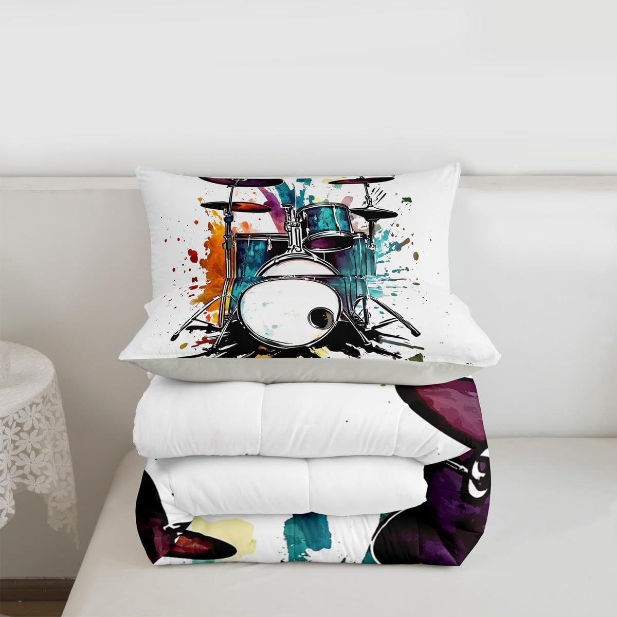 Erosebridal Drum Kit 3D Print Kids Comforter Sets Rock Music Themed Full Bedding Set for Boys Girls Musical Pattern Comforter Set,Colorful Retro Style Quilt Duvet 3 Pcs