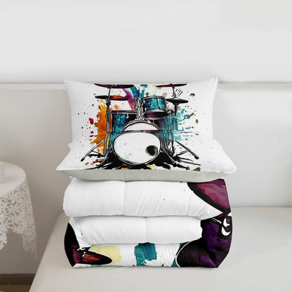 Erosebridal Drum Kit 3D Print Kids Comforter Sets Rock Music Themed Full Bedding Set for Boys Girls Musical Pattern Comforter Set,Colorful Retro Style Quilt Duvet 3 Pcs