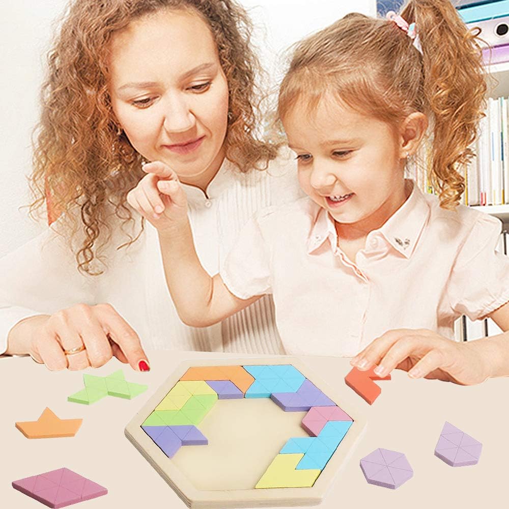 Skrtuan 5 Pack Wooden Puzzles Set - STEM Montessori Educational Board Games and Logic Traning Brain Teaser Geometric Shapes Tangram Puzzle Games for Kids Ages 3+