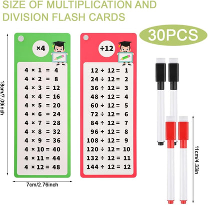 30 Pcs Multiplication and Division Flash Cards with 4 Dry Erase Pens 2 Rings Educational Time Table Cards Set Math Chart Games for 1st to 3rd Grades