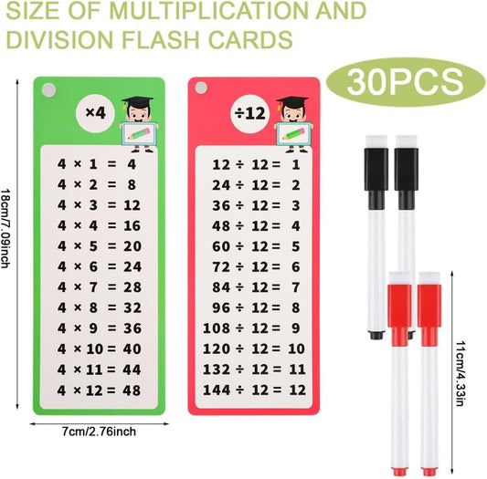 30 Pcs Multiplication and Division Flash Cards with 4 Dry Erase Pens 2 Rings Educational Time Table Cards Set Math Chart Games for 1st to 3rd Grades