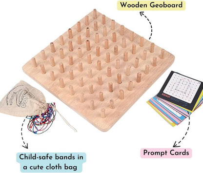 Lattooland Wooden Geoboard (8x8 Big Size) with Wooden Pegs | NO Nails | Brain Board Montessori STEM Toy for Kids | 42 Pattern Cards, Bands | Math Geometry Educational Game 3 4 5 6 Year Boys Girls