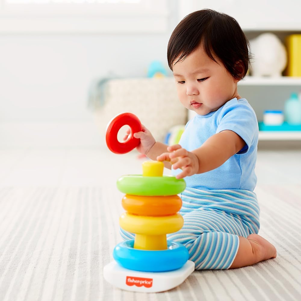 Fisher-Price Baby Stacking Toy Rock-A-Stack Rings with Roly-Poly Base for Ages 6+ Months, Made with Plant-Based Materials