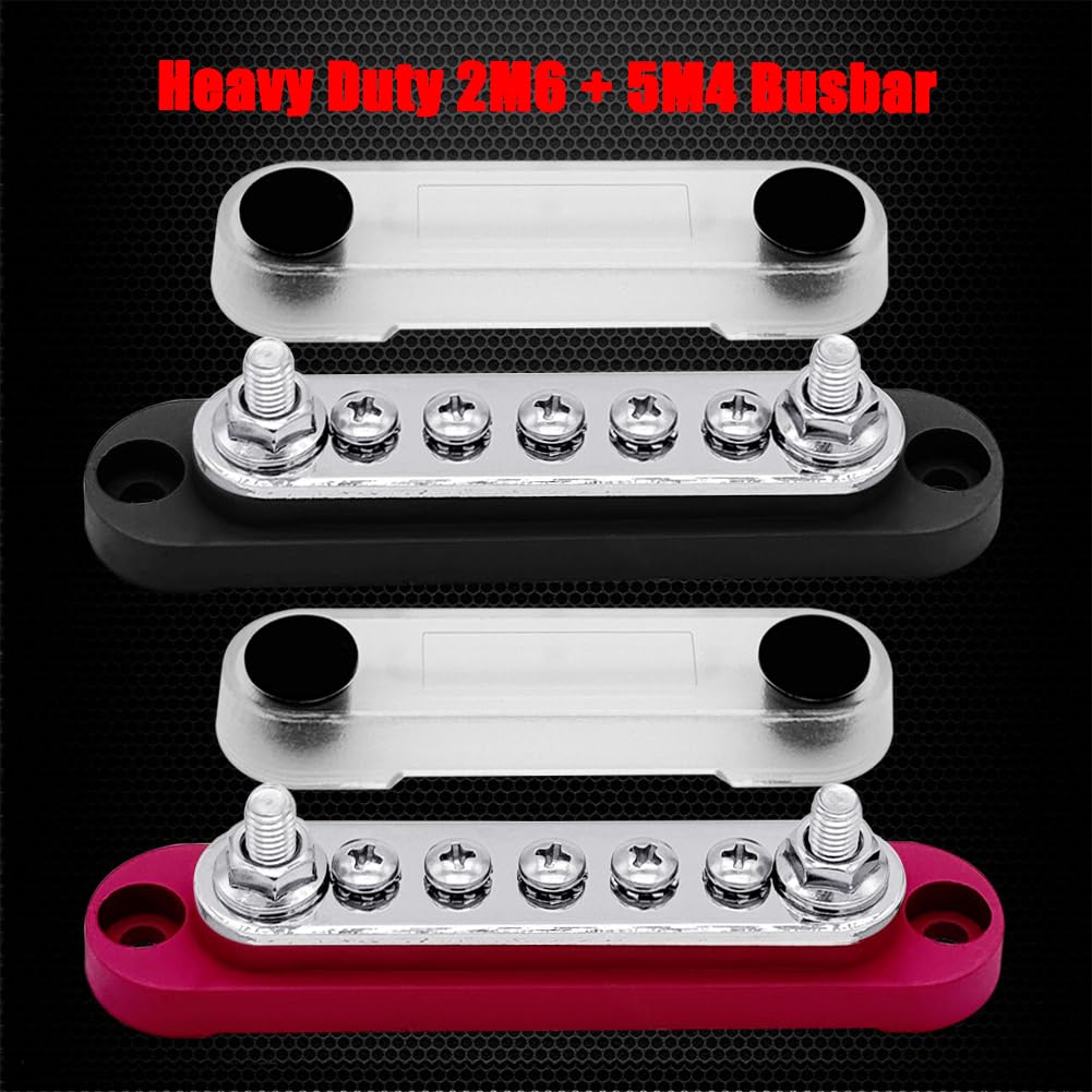2 x #10 (M5) Studs Power Distribution Block with 5 x #8 (M4) Screws, Ampper 4.2" Bus Bar 12V Power Distribution Terminal Block Battery Busbar for Car Audio Solar (Red & Black)