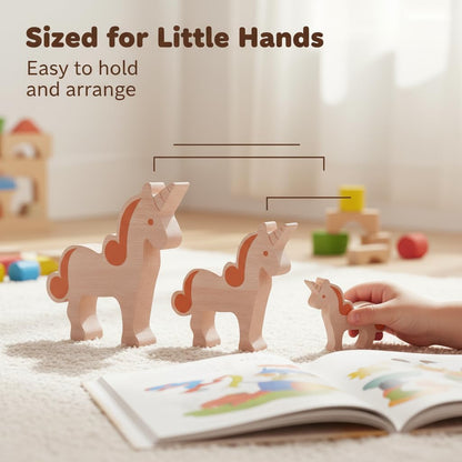 Wooden Animal Toys Unicorn Family with Play Silk for Kids Nursery Gift Preschool Wooden Building Blocks Play Set Fine Motor Montessori Game