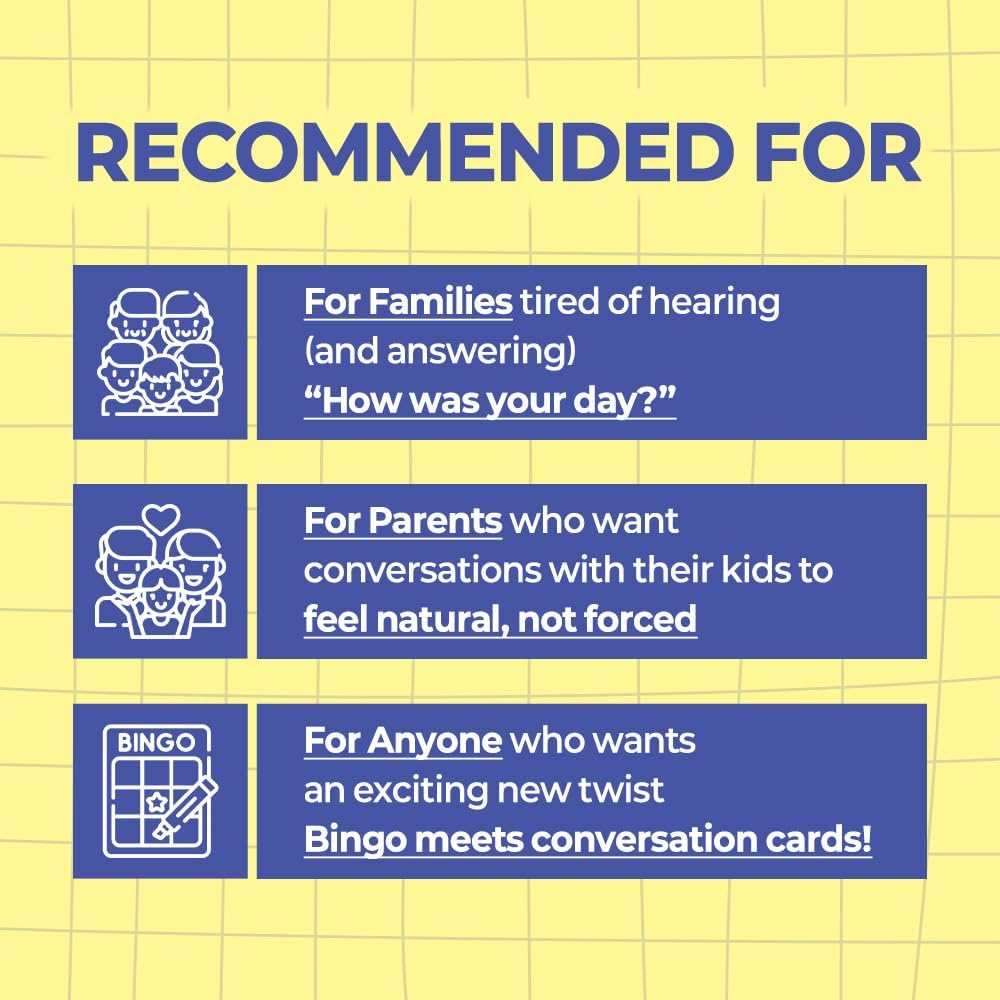 ConvoCards – 150 Family Conversation Cards with Bingo Boards, Fun Dinner Table Game with 6 Categories of Engaging Questions for Kids, Teens & Adults to Connect, Game Night & Road Trip Group Activity
