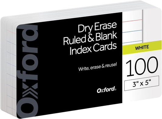 Oxford Dry Erase Index Cards, 3x5 Ruled, Reusable Flash Cards, Double Sided Dry & Wet Erase Cards for Gaming, Study or Vocabulary, 100-Pack (63512)