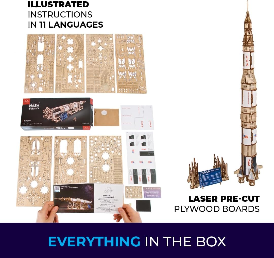 UGEARS NASA Saturn V 3D Puzzles for Adults - Wooden Model Kits for Adults Model Rocket Full Kit Space Shuttle Model Aerospace Engineering Gifts Brain Teaser, Hobby Set