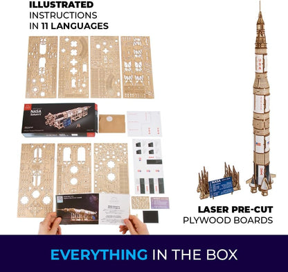 UGEARS NASA Saturn V 3D Puzzles for Adults - Wooden Model Kits for Adults Model Rocket Full Kit Space Shuttle Model Aerospace Engineering Gifts Brain Teaser, Hobby Set