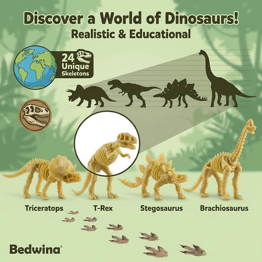 Bedwina Dinosaur Fossil Skeleton - (Bulk Pack of 120) 3.7 Inch Assorted Plastic Dino Figure Bones for Kids Science Dig Kit, Digging Sandbox Bins Play Toys, Party Favors, Birthday Decorations