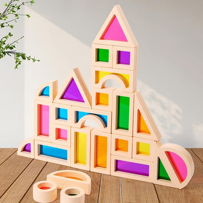 Rainbow Sensory Toys Blocks,15 Pcs Large Wooden Building Blocks for Toddlers Baby Kids,Colorful Geometric Stacking Toys, Preschool Educational Toy Set