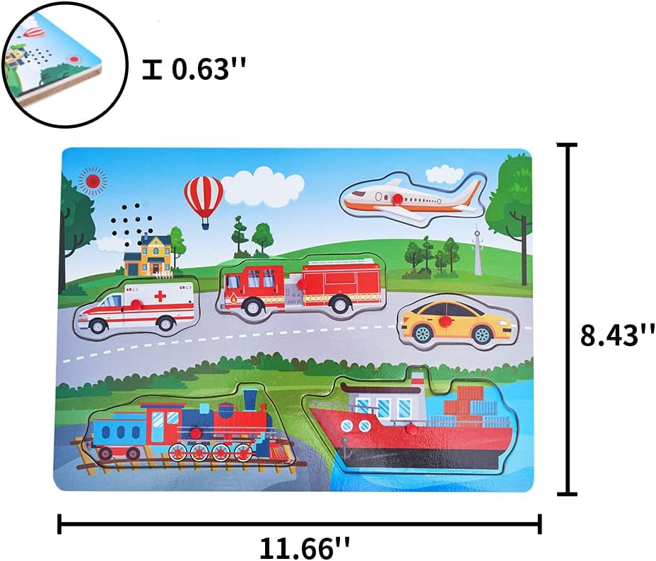 Wooden Transportation Sound Peg Puzzles for Toddlers, Wooden Pegged Puzzle with Sound Effect for Toddlers and Preschoolers, Educational Learning Toy Gift