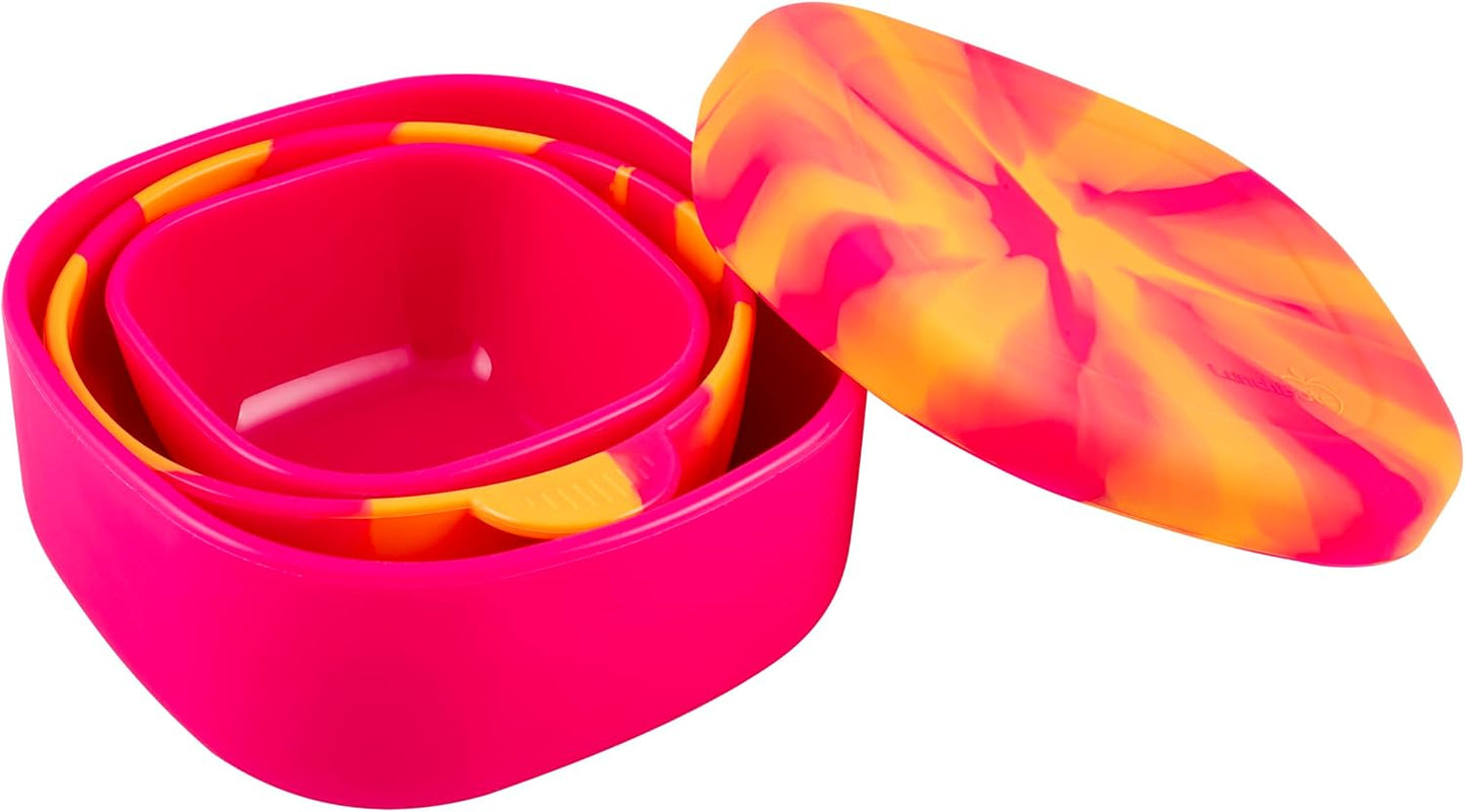 LunchBots Silicone Suction Bowl for Baby & Toddler, Stackable Nesting Bowl Set of 3 with Lid for Feeding, Portable Travel Bowls, Dishwasher Safe, 5/8/17 oz (Blue/Green)