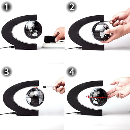 Magnetic Levitation Floating Rotating World Globe with LED Light - C Shape Anti Gravity Levitating Globe for Desk Office Decor, STEM Educational Map, Unique Tech Gift for Men Kids Boss, 3.5 Inches
