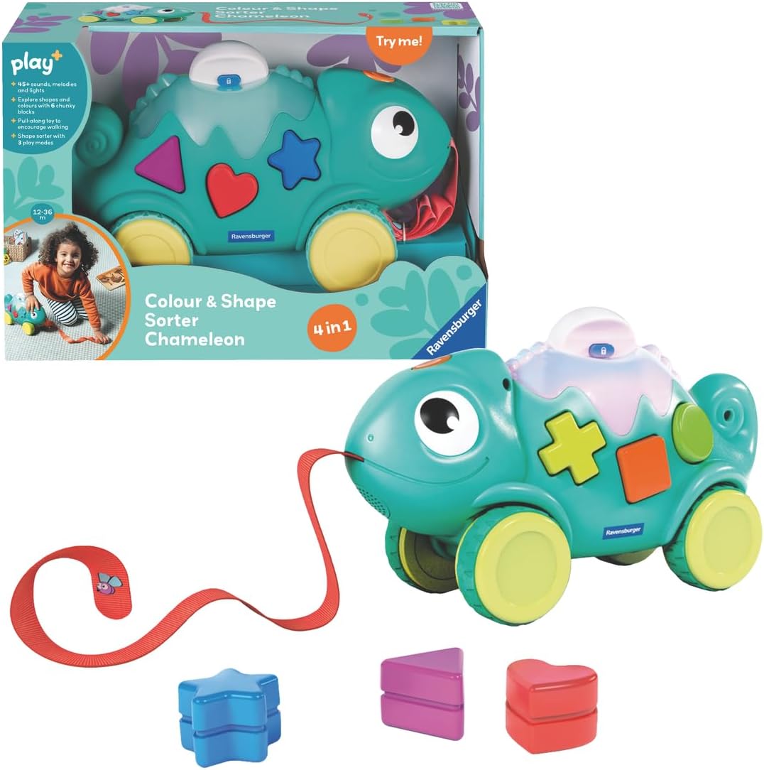 Ravensburger Play+ Colour & Shape Sorter – Chameleon | 3-in-1 Shape Sorting & Pull-Along Toy | Encourages Early Learning & First Steps | 6 Months and Up