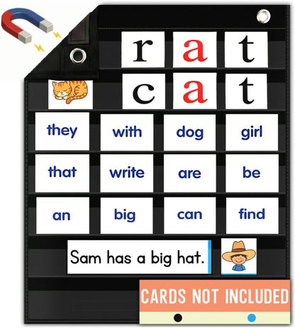 Magnetic Pocket Chart for Classroom - Small 7 Pocket Chart for Word Wall Daily Schedule Sentence Strips Sticker Display, Black Teacher Supplies for Preschool Elementary & Home